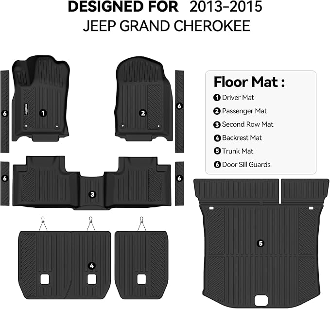 Floor Mats for 2013-2015 Jeep Grand Cherokee, Trunk Mat and Backrest Mat & Door Sill Guard All Weather TPE Protector for Jeep Grand Cherokee Accessories