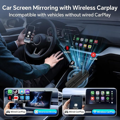 Car Screen Mirroring Adapter with Wireless CarPlay - Supports Watching Any App (YouTube, Net-Flix, TikTok, etc.), Compatible with Factory-CarPlay Equipped Vehicles