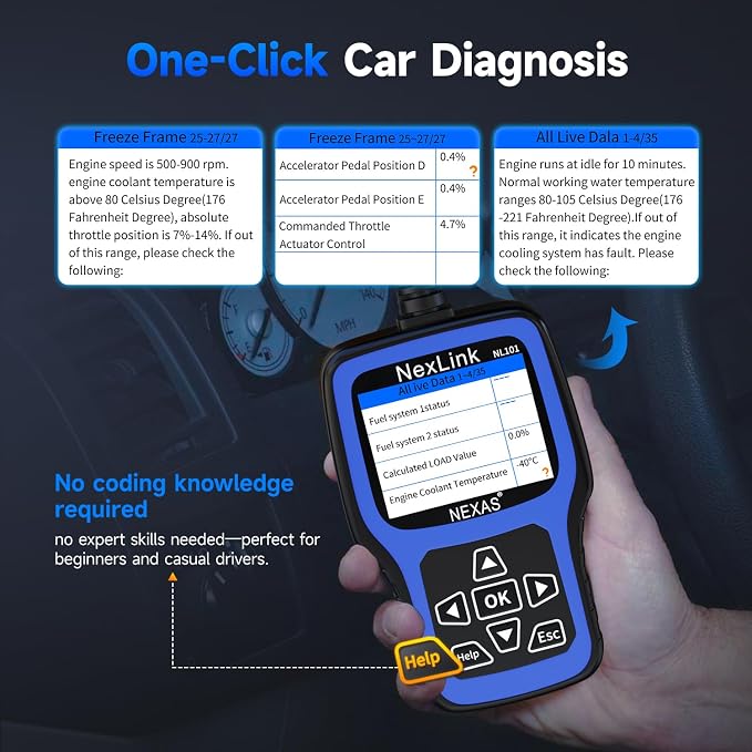 NEXAS NL101 OBD2 Scanner with Battery Tester - Check Engine Code Reader, Car Diagnostic Scanner with Live Data, Freeze Frame, I/M Readiness for All US Vehicles Since 1996