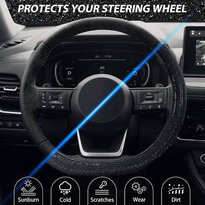 SEG Direct Diamond Flat Bottom Steering Wheel Cover, D Shaped Car Wheel Cover 14 1/2-15 in. (37-39 cm), Bling Sparkly Rhinestones, Black with Black Diamond