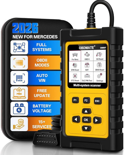 OBD2 Scanner for Mercedes Benz, OM807 Full System Diagnostic Tool with Resets (Oil/ETC/EPB/ABS/SAS/BAT Register...), Full OBDII Functions Read&Erase Fault Codes, Free Software Update