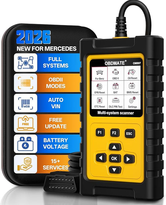 OBD2 Scanner for Mercedes Benz, OM807 Full System Diagnostic Tool with Resets (Oil/ETC/EPB/ABS/SAS/BAT Register...), Full OBDII Functions Read&Erase Fault Codes, Free Software Update