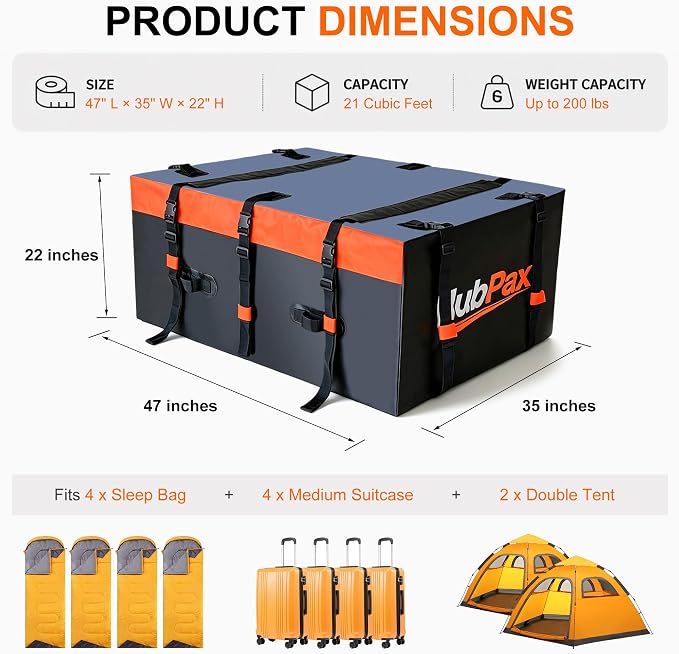 Car Rooftop Cargo Carrier Bag - 21 Cubic Feet Car Roof Top Bag Cargo Carrier for All Vehicle with/Without Rack, Includes Anti-Slip Mat, 8 Reinforced Straps, 6 Door Hooks, Luggage Lock