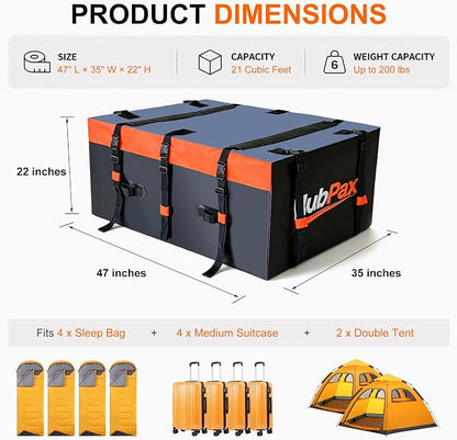 Car Rooftop Cargo Carrier Bag - 21 Cubic Feet Car Roof Top Bag Cargo Carrier for All Vehicle with/Without Rack, Includes Anti-Slip Mat, 8 Reinforced Straps, 6 Door Hooks, Luggage Lock