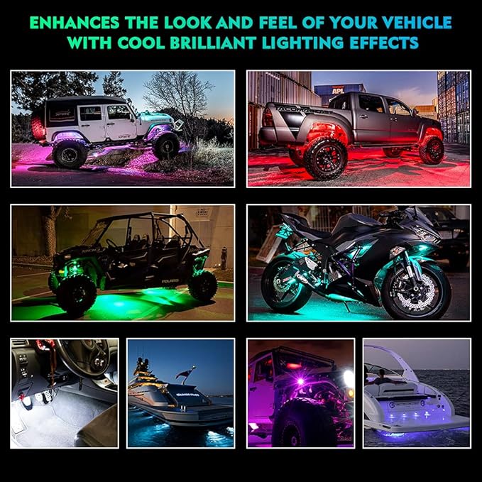 Xprite Bluetooth RGB LED Rock Lights Kit, Multicolor Neon Accent Music Flashing Lighting Underglow Kits with RF Controller for Off-Road, Trucks, Cars, UTV, ATV, SUV, RZR, Motorcycles, Boats - 6 PCS