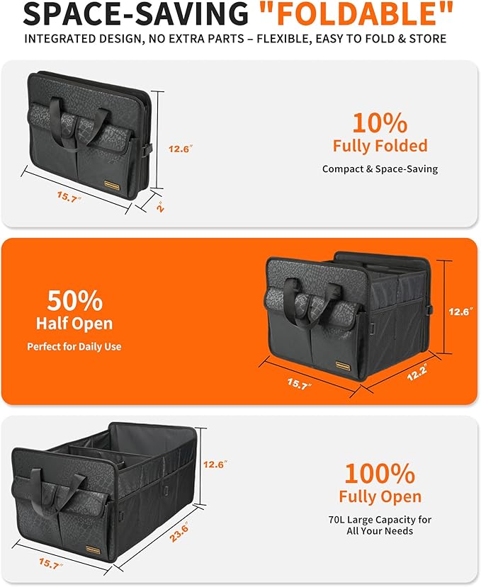 SIBOFUEGO Sturdy Car Trunk Organizer – Large Capacity Trunk Organizer for SUVs & Sedans, Hard-Shell One-Piece Design with Cute Print, Collapsible and Durable Car Organizers (Black Leopard 70L)
