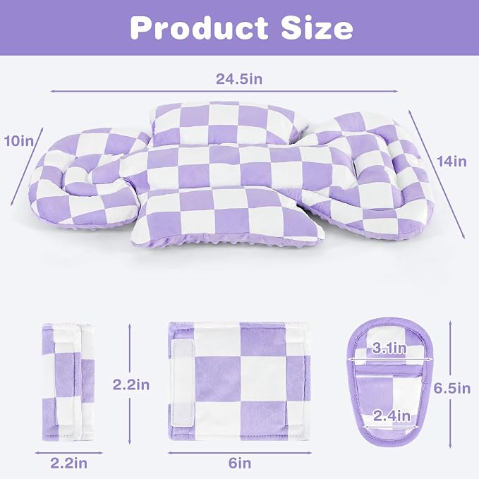 DILIMI Infant Car Seat Insert, Baby Car Seat Head Support with 3 Strap Paddings, Soft Newborn Car Seat Cushion for Stroller, Swing, Bouncers, Purple Checkered