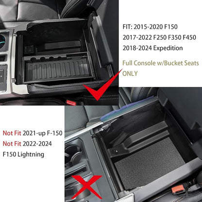 HGWEI Center Console Organizer Compatible with Ford F150 2015-2020, 2017-2022 F250 F350 F450, 2018-2024 Expedition Accessories, Insert Tray Armrest Storage Box, Full Console w/Bucket Seats ONLY, Black