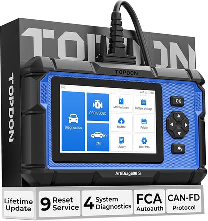 OBD2 Scanner TOPDON AD600S Scan Tool, Code Reader, Diagnostics Scanner for ABS/SRS/AT/Engine, 9 Reset Services, CAN-FD, Oil/Brake/BMS/SAS/DPF/TPMS/ETS Reset/ABS Bleeding/Injector Coding, Free Upgrade