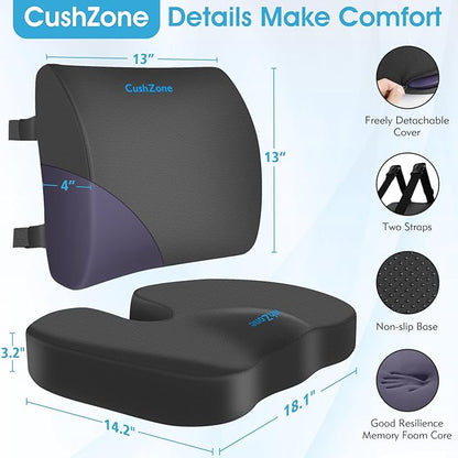 CushZone Seat Cushion, Lumbar Support Pillow with Adjustable Strap-Chair Cushions for Sciatica Pain Relief-with Washable Cover Memory Foam for Car, Travel and Wheelchair-Gray