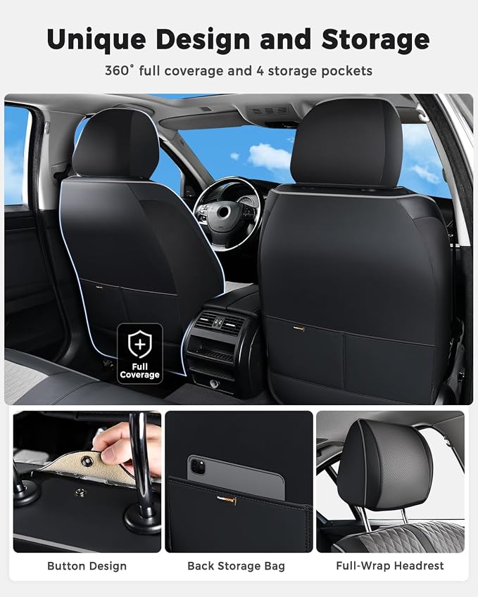 Huidasource Car Seat Covers Front Seats, Luxury Nappa Leather Front Seat Covers with Airbag, Lumbar Support, Cooling＆Heating, Seatbelt Buckles, Universal Fit for Most Cars SUV Trucks, Black＆Gray