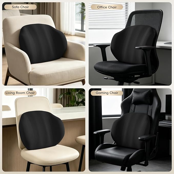 BEBAS Lumbar Support Pillow for Car & Office Chair - Ergonomic Memory Foam Back Cushion for Lower Back Pain Relief, Back Support, Removable Washable Cover, Ideal for Driving, Work, Travel - Black