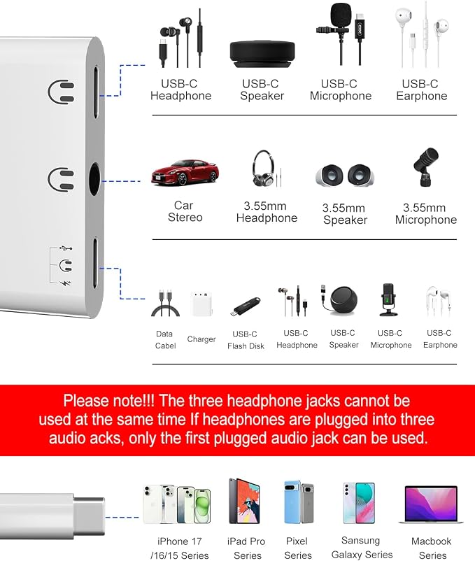 USB C Splitter 1 in 3 Out Dual USB C Headphone and Charger With 480Mbps Data, USB-C to 3.5mm Headphone Jack+ Dual Type c Dongle Surpport Music, Call, Microphone, PD60W Charging, Data Transfer