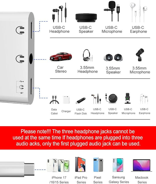USB C Splitter 1 in 3 Out Dual USB C Headphone and Charger With 480Mbps Data, USB-C to 3.5mm Headphone Jack+ Dual Type c Dongle Surpport Music, Call, Microphone, PD60W Charging, Data Transfer