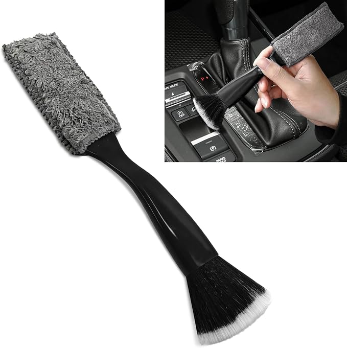 Car Double Head Clean Brush, Car Brushes for Detailing Interior, Double Head Automotive Interior Cleaner Detail Brushes, Car Dust Detailing Brush for Air Vents Dashboard Screen (Black)