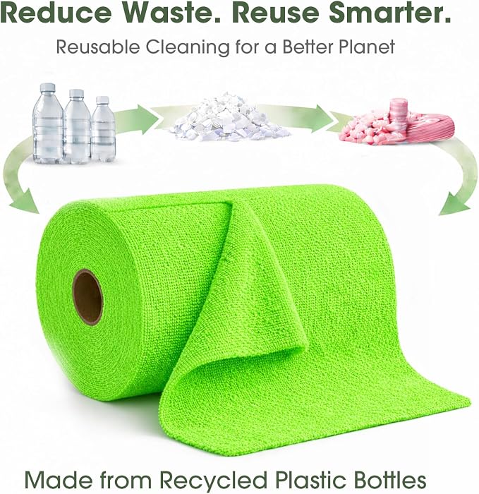 Microfiber Cleaning Cloth Roll - 100 Pack Tear Away Microfiber Paper Towels, Reusable, Washable, Scratch-Free, Kitchen Towels for Car, Home, Kitchen, Glass, Dishes (Neon Green)