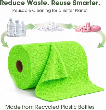 Microfiber Cleaning Cloth Roll - 100 Pack Tear Away Microfiber Paper Towels, Reusable, Washable, Scratch-Free, Kitchen Towels for Car, Home, Kitchen, Glass, Dishes (Neon Green)