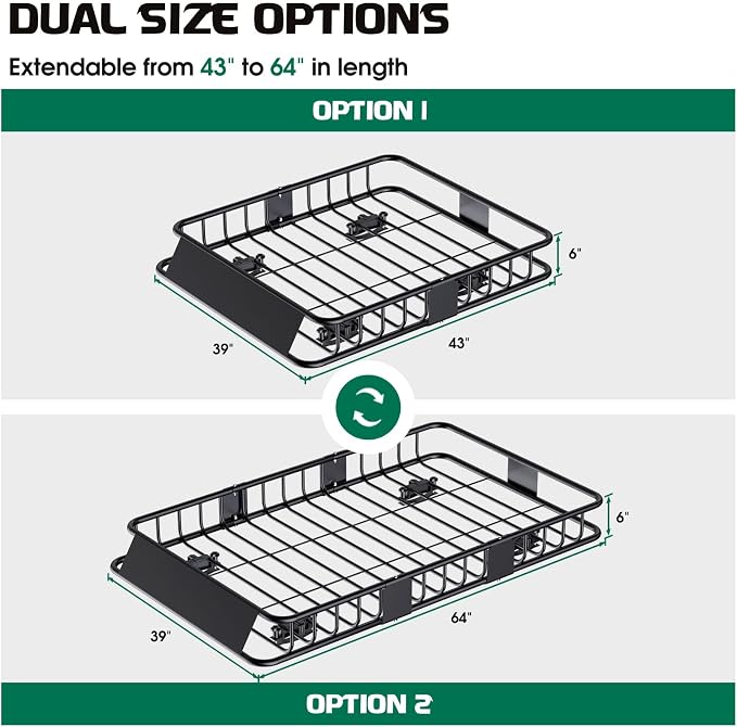 FORWODE 250LBS Universal Roof Rack Basket, 64"x39"x6" Rooftop Cargo Carrier Rack + Waterproof Cargo Bag 15 Cubic Feet(43"x34"x17")