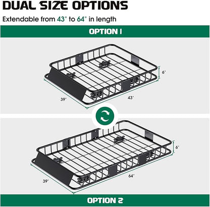 FORWODE 250LBS Universal Roof Rack Basket, 64"x39"x6" Rooftop Cargo Carrier Rack + Waterproof Cargo Bag 15 Cubic Feet(43"x34"x17") and Cargo Net