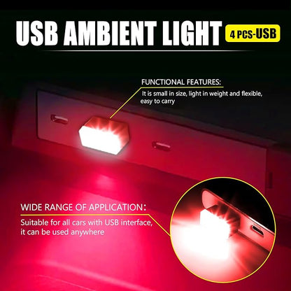 4 PCS USB LED Car Interior Atmosphere Lamp, Portable Mini Auto LED Decor Night Light, Plug-in USB Interface Ambient Lighting Kit, Universal Car Interior Accessories(Red)