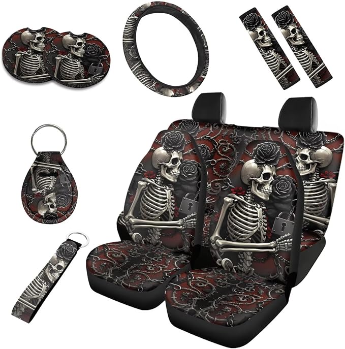 Gothic Skeleton Car Seat Cover Set of 10, Rose Skeleton Lock Rear Front Seat Protector Car Interior Cover, Horror Halloween Skull Elastic Safety Belt Coaster Keychain