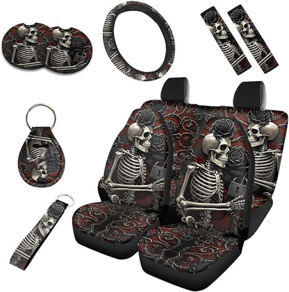 Gothic Skeleton Car Seat Cover Set of 10, Rose Skeleton Lock Rear Front Seat Protector Car Interior Cover, Horror Halloween Skull Elastic Safety Belt Coaster Keychain