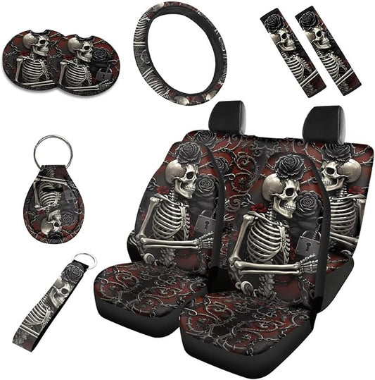 Gothic Skeleton Car Seat Cover Set of 10, Rose Skeleton Lock Rear Front Seat Protector Car Interior Cover, Horror Halloween Skull Elastic Safety Belt Coaster Keychain