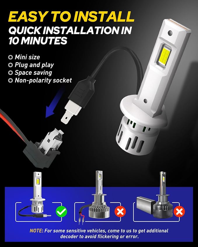 AUTOONE H1 LED Bulb, 800% Brighter, 5 Min Quick Install, 20 Years Lifespan, No Flicker, 99% Compatibility, Pack of 2