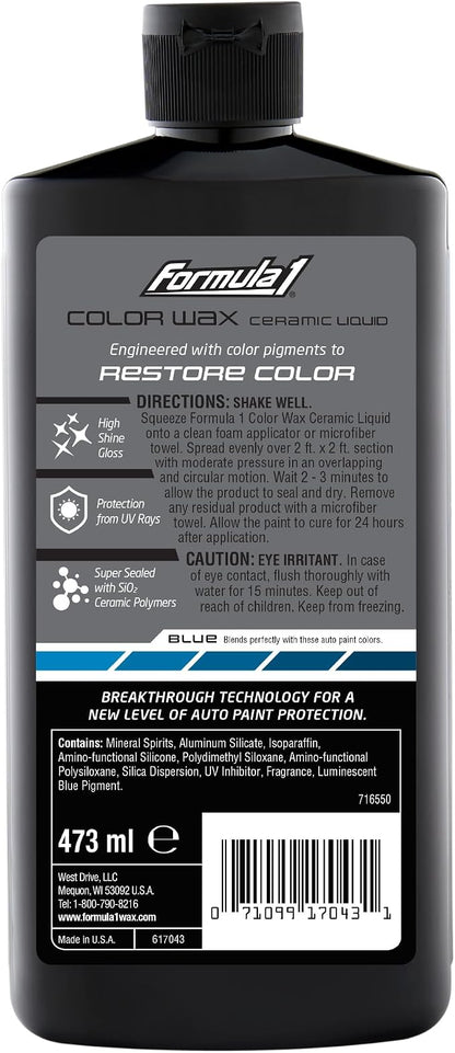 Formula 1 Color Wax Liquid for Blue Cars, Gives Ceramic Water Beading Protection and Ultimate Shiny Finish, Fills Minor Scratches with Color-Match Pigment, 16 oz