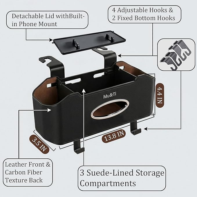 Mu&Ti Back Seat Car Organizer,4+2 in 1 Multifunctional Car Back Seat Storage Box with 2 Cup Holders, Tissue Box and Hook - Ideal for Kids and Travel(Black)