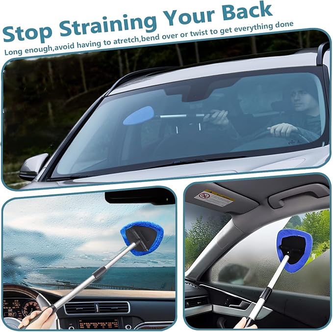 Car Windshield Cleaning Tools, Expandable Car Window Cleaner kit with 4 Reusable Microfiber Pads, 2 Spray Bottles, Windshield Cleaning Wand Tool, Auto Interior Dust Brush, for Trucks, SUVs, RVs etc