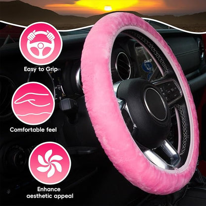 KAFEEK Pink Elastic Fuzzy Steering Wheel Cover,Microfiber Plush Steering Wheel Cover for Woman Girl,Winter Warm, Universal 15 inch