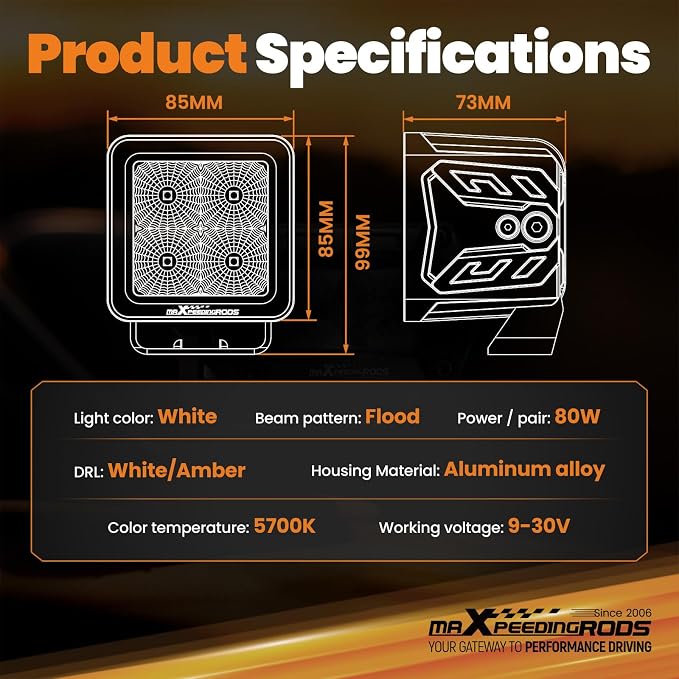 maXpeedingrods 3in LED Pod Lights Amber & White DRL Flood Beam 80W 5 Modes | 8000LM Cube Offroad Lights, Memory Function, Wiring Harness, IP67 Waterproof for Jeep Wrangler, Ford F150, Truck, ATV UTV