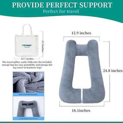 FHSGGP Travel Pillow Upgraded Version of Aircraft Travel Neck Pillow with Storage Bag, Sleep Pillows for Travel by Train, Car, or Plane, Supporting the Head and Body, Travel Pillow for Kids Grey