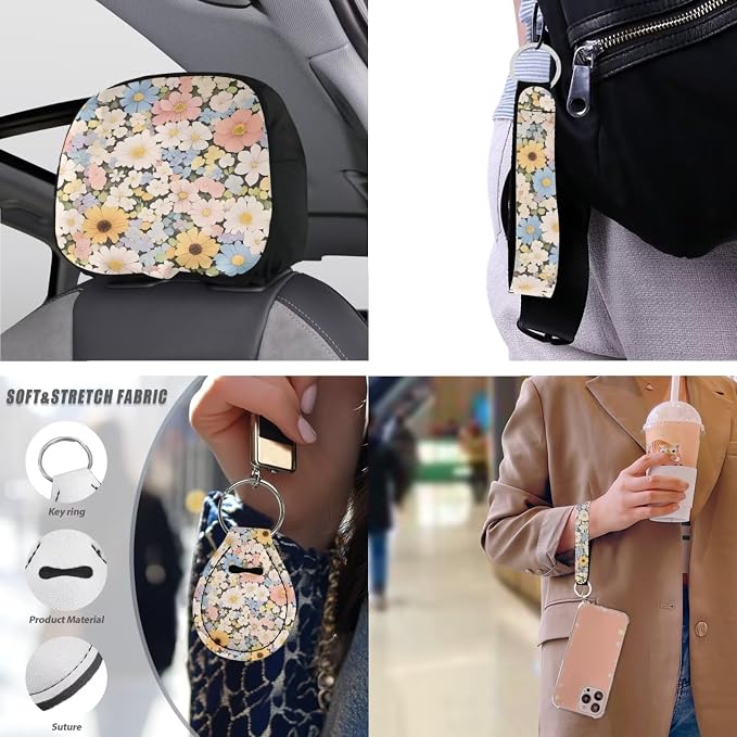 Daisy 13 Pcs Car Seat Covers Full Set, Colorful Flower Field Auto Front and Rear Bench Seat Protector, Countryside Steering Wheel Sleeve Auto Armrest Cover