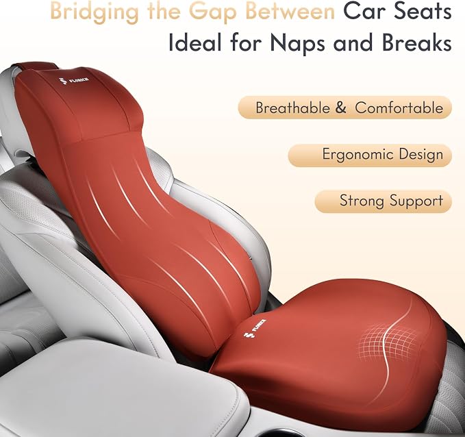 FLORICH Memory Foam Car Seat Cushion and Integrated Neck Pillow Lumbar Support Ergonomic Seat Cushion Breathable Back Support Headrest for Truck Driver Long Driving Sciatica Tailbone Pain Relief, Red
