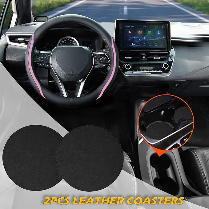 Steering Wheel Cover Black Pink, Leather Car Steering Wheel Covers with Coasters Universal 14.5-15 inch Microfiber Breathable Anti-Slip Steering Wheel Accessories Set