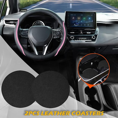 Steering Wheel Cover Black Pink, Leather Car Steering Wheel Covers with Coasters Universal 14.5-15 inch Microfiber Breathable Anti-Slip Steering Wheel Accessories Set