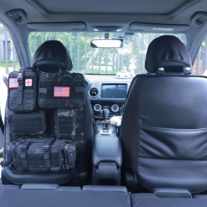 Universal Tactical Car Seat Back Organizer Bag Tactical Molle Vehicle Organizers Panel Vehicle Protector Organizers with 5 Detachable Pouches for Car Truck Ford Jeep (Upgraded D model Black camo)