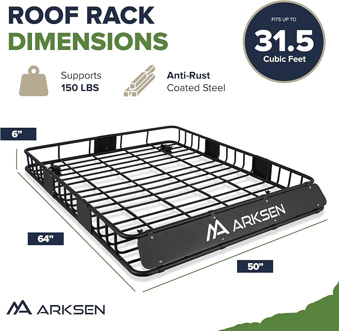 ARKSEN 64 x 50 x 6 Inch Universal Extra Wide 150LB Heavy Duty Roof Rack Cargo Basket with 2 Nylon Cargo Nets, 2 Ratchet Straps, Car Top Luggage Holder Carrier for SUV, Truck, & Car Steel Construction