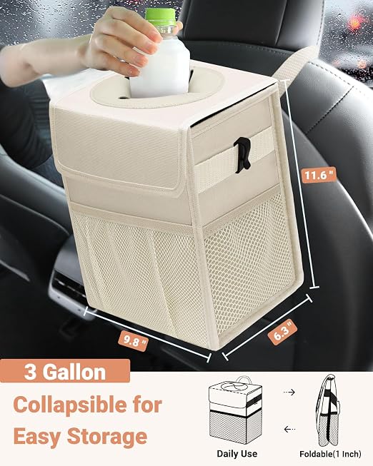 Capolo Car Trash Can with Lid, Leakproof Car Trash Bag Hanging Waterproof Automotive Garbage Can with Storage Pockets Mini Vehicle Trash Bin for Back/Front Seat(Beige,3 Gallon)