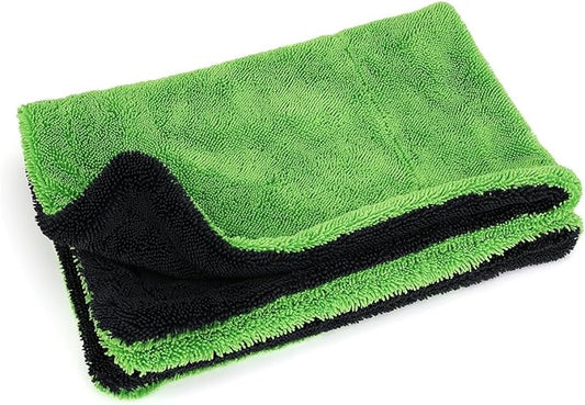 1200GSM Microfiber Car Drying Towel, Double-Twist Loop, Ultra-Absorbent, Quick-Dry, Lint- & Streak-Free, Scratch-Safe, for Car Wash & Detailing (1 Pack) (Dark Grey & Green, 16" x 24")