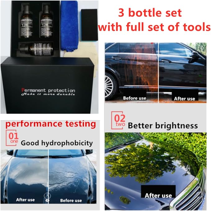 12H Nano Ceramic Coating for Cars Automobile Wax Better than 9H 10H Hardness 30ml 3bottle suit High Gloss Hydrophobicty Anti Scratch Car Paint Protection Kit Last for 3 Years Protection UV