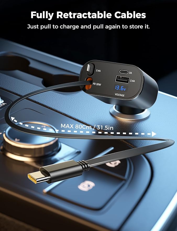 【Upgraded】 SUPERONE Retractable Car Charger 4 in 1, Fast Car Phone Charger with Cord 2.6ft, USB C and Apple Car Charger Adapter, Compatible with iPhone 17 16 15/15 Pro Max/14/13/12/11, Galaxy, Pixel