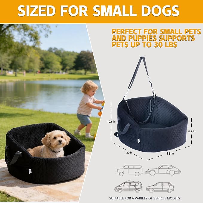 Elevated Dog Booster Seat for Small Dogs, Pet Travel Bed with Safety Leash, Anti-Slip Base, Soft Velvet, Removable Washable Cover, Secure for Pets Up to 30 lbs
