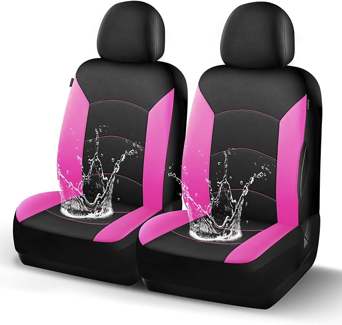 HChengkikz Car Seat Covers Front Seat, Waterproof Neoprene Car Seat Covers, Airbag Compatible, All Season Protection Universal Fit Most Cars, Trucks, SUVs (Black + Pink)