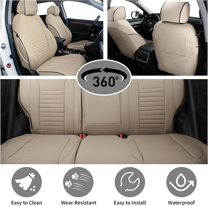 EKR CRV Car Seat Covers Custom Fit for Honda CRV 2012 2013 2014 LX,Leather Truck Seat Cover for SUV Full Set,Waterproof Car Seat Cushion, Faux Leather (Beige)