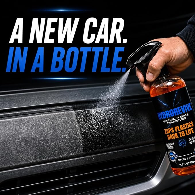 HydroRevive Instant Plastic Restorer | Bring Darker Plastic, Rubber, and Vinyl Back to Life! | User Friendly Exterior Trim Restorer | Safe Auto Detailing Supplies | 16.9 Oz Kit with Foam Applicator