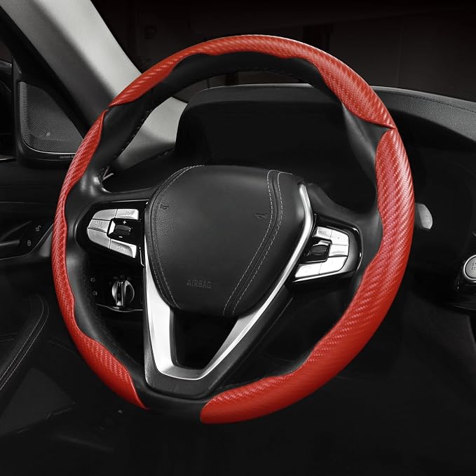 Carbon Fiber Steering Wheel Cover, Snap on Car Steering Wheel Cover Set Accessories 3pcs Wrap Grip Non Slip Protector Universal Matte Red