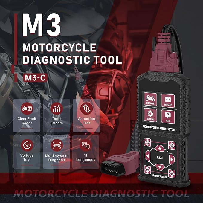 M3‑C Motorcycle Diagnostic Tool for Suzuki 6P/4P, Vespa, EUROV 6P – Read/Clear Fault Codes & Live Data, ECU/Service/Throttle Reset, ABS Bleed, OBD2 Scanner